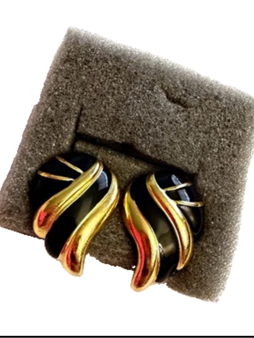Gold/Black Tone Enamel Asymmetrical Vintage Clip-On Earrings, Fall Fashion